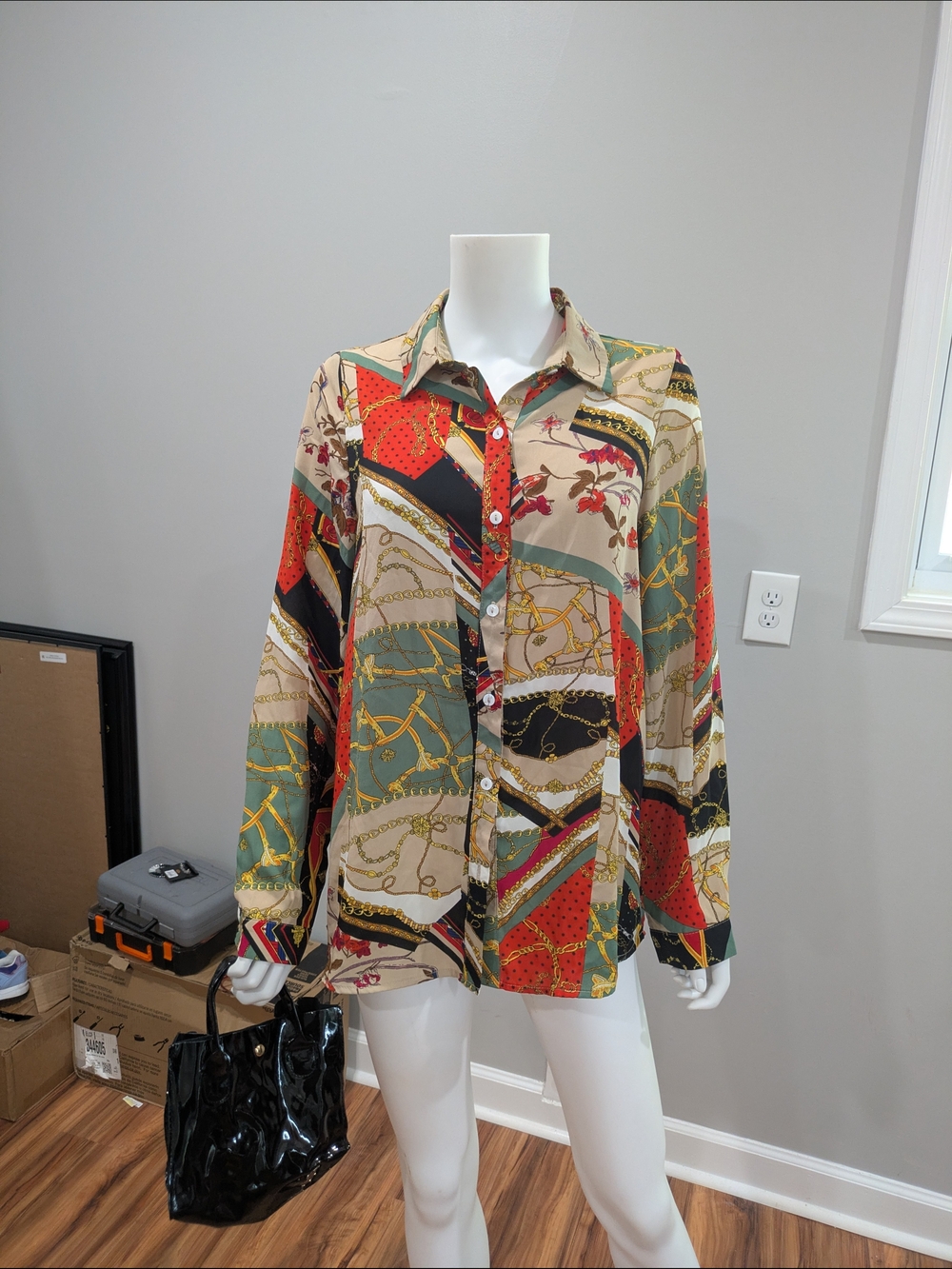 Fashion Nova Multicolor Chain Print Button-Up Shirt
